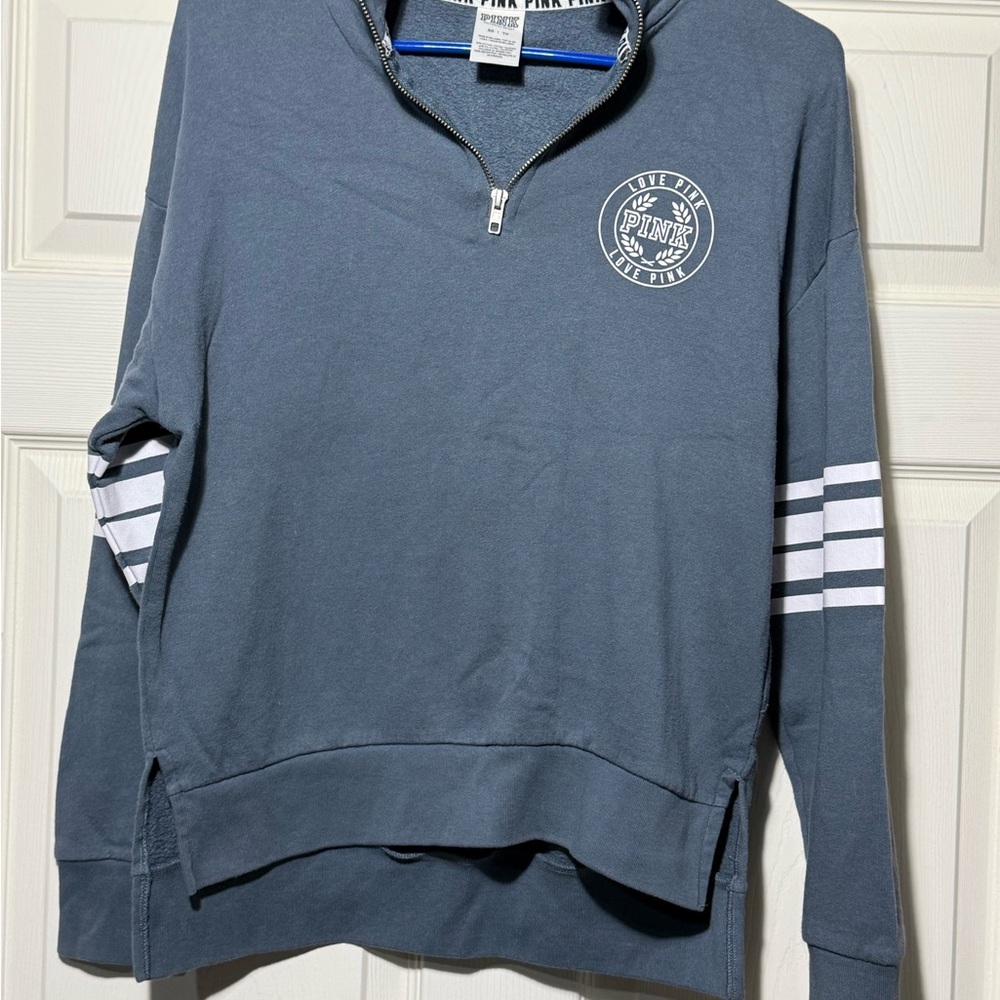 PINK Victoria’s Secret Slate Blue Quarter‑Zip Sweatshirt – XS – White Stripes